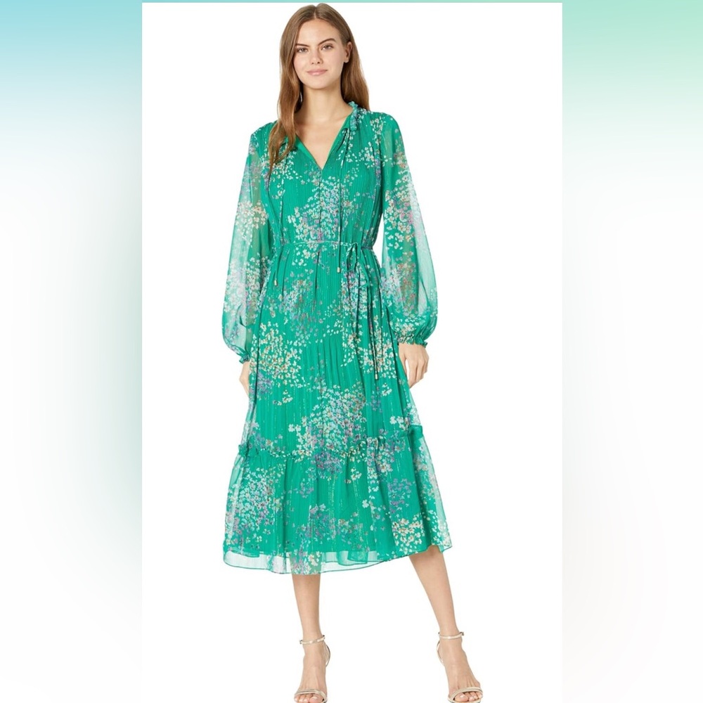 Ted Baker Serendipity Pleated Long Sleeve Midi Dress Mid Green 1 (US 4)